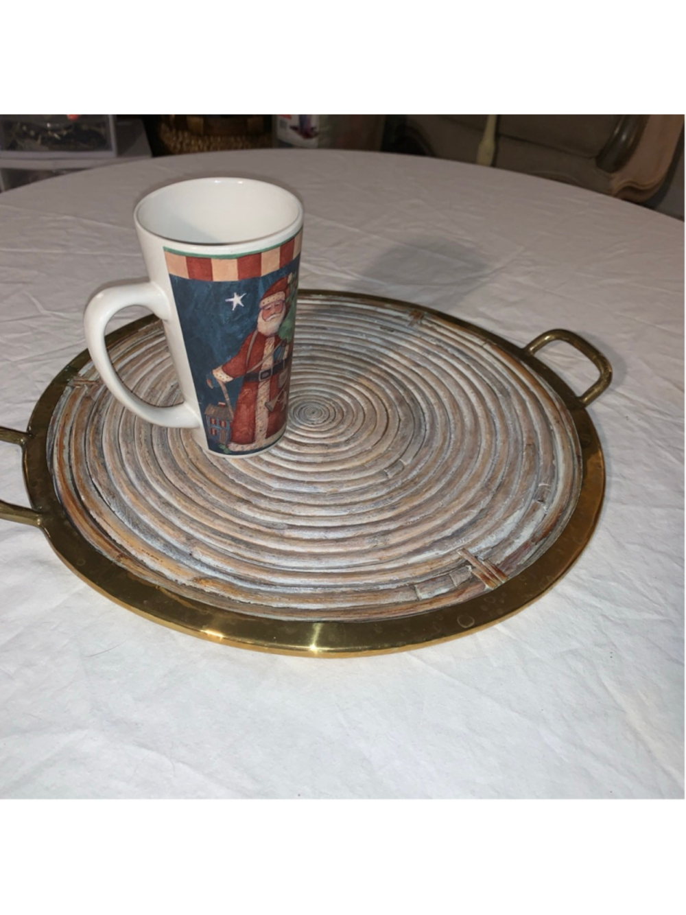 Mid century pencil Rattan & Brass Tray brown Gold